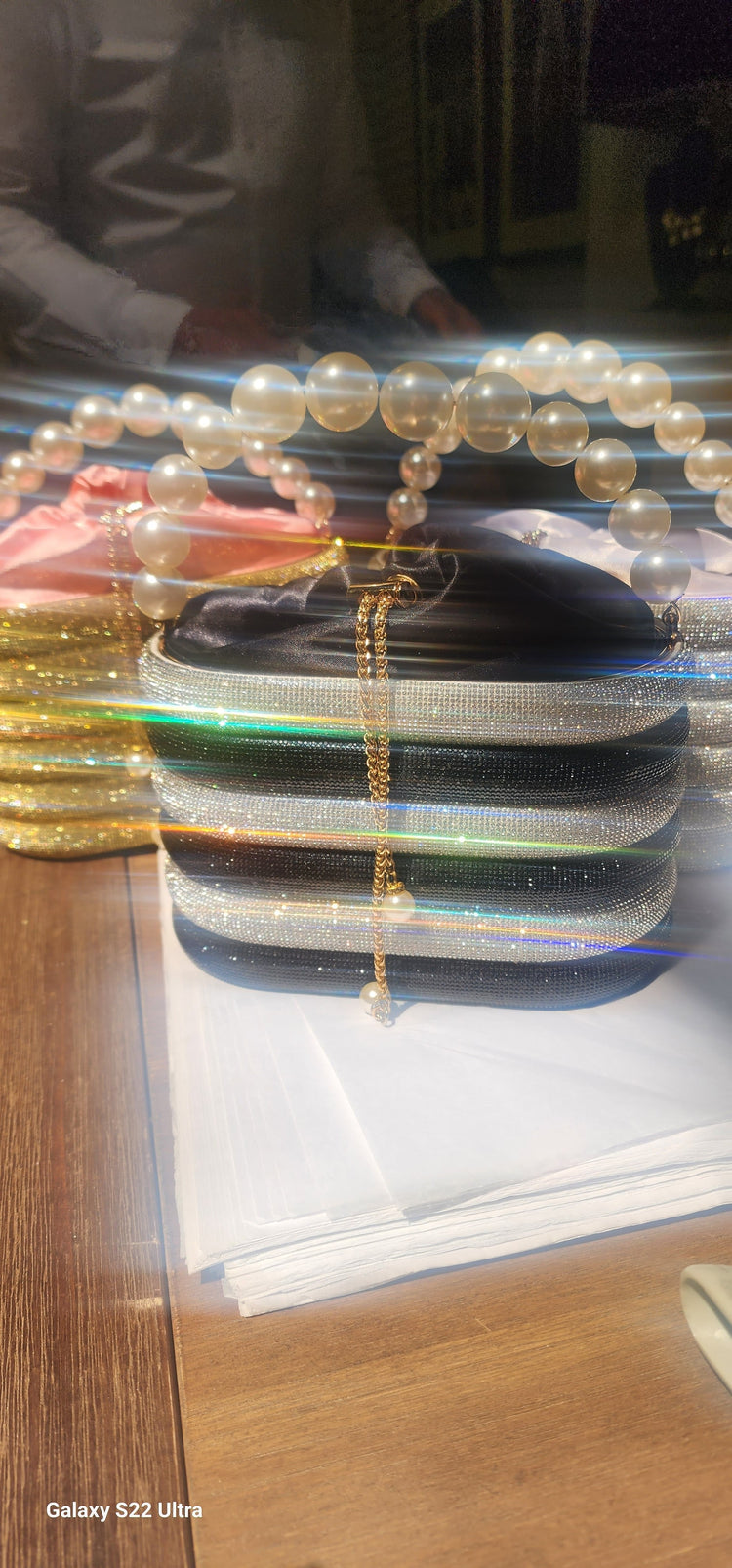 pearl handle and sparkling crystal bucket bag