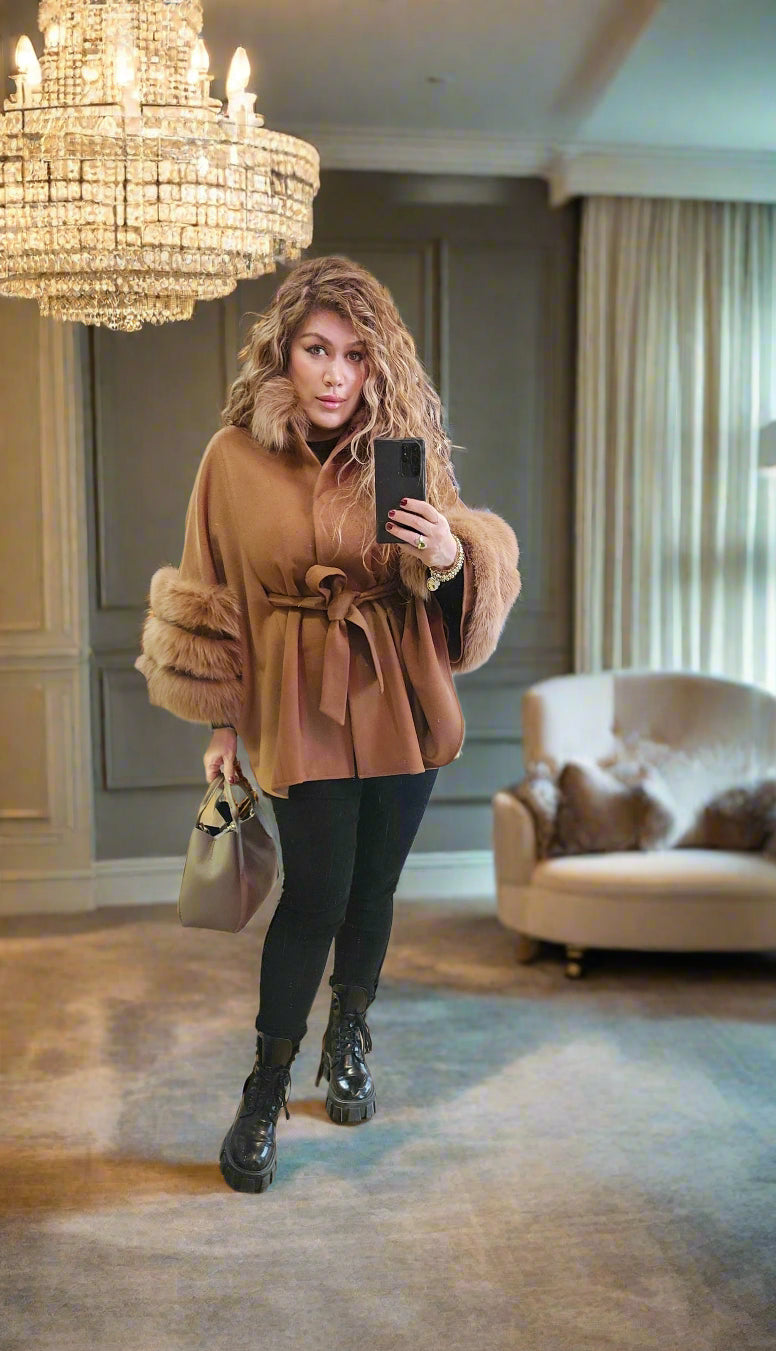 Coat Camel colored beleted cape jacket