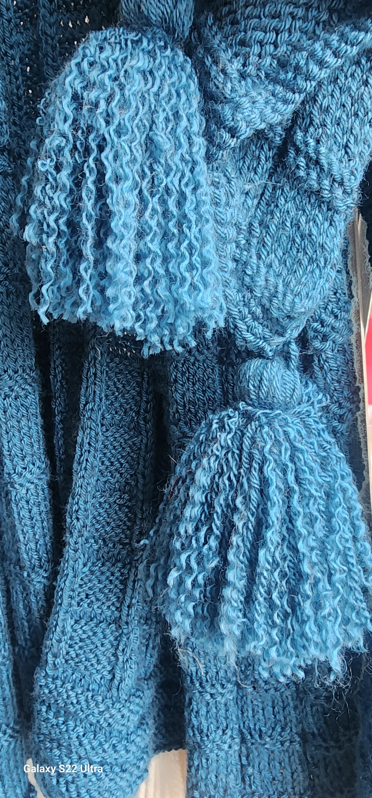 Sweater teal blue with scarf pom pom fringe