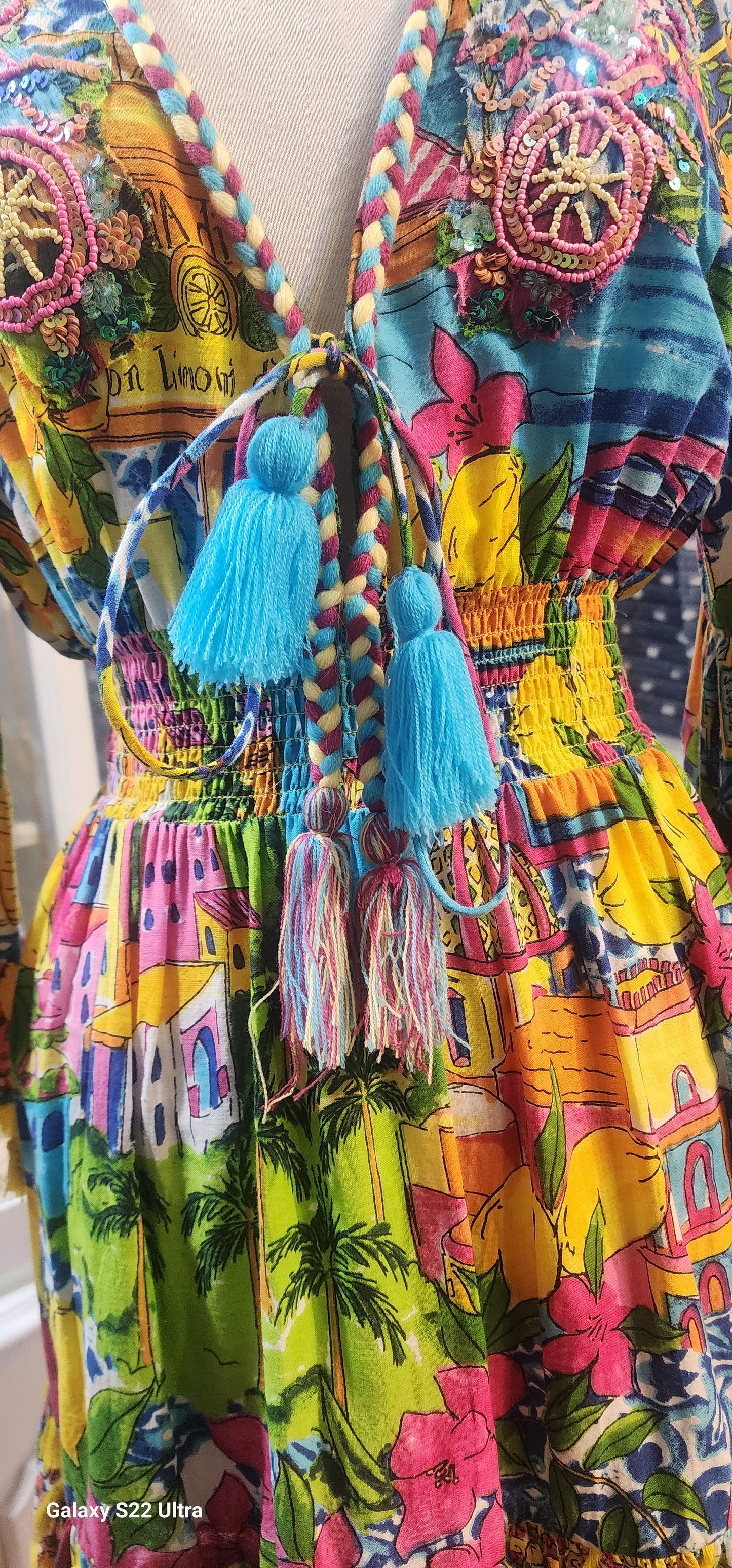 Amalfi Lemon flare dress aqua tassel