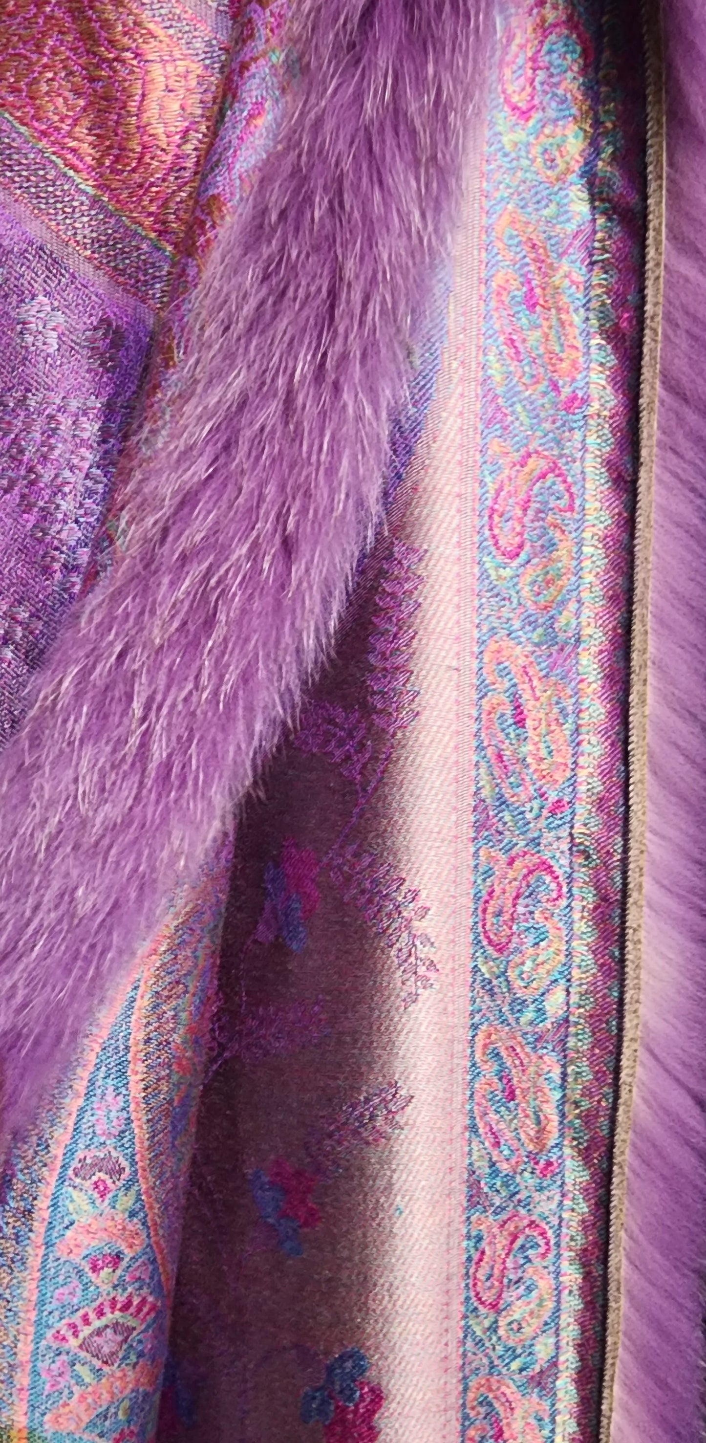 Shawl pink silk with purple fox trim