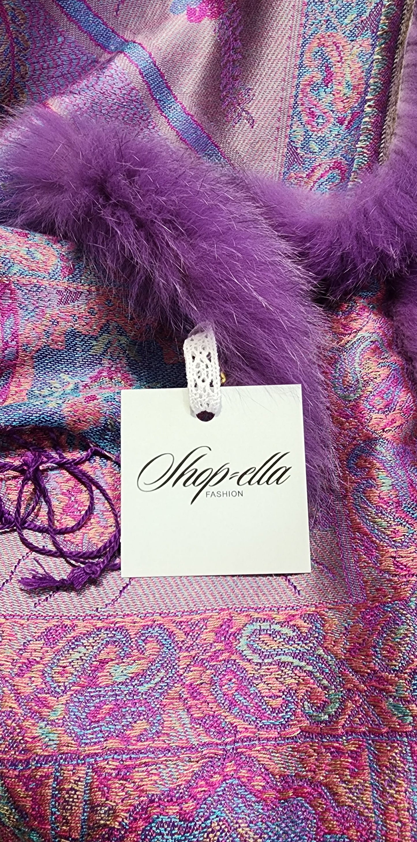 Shawl pink silk with purple fox trim