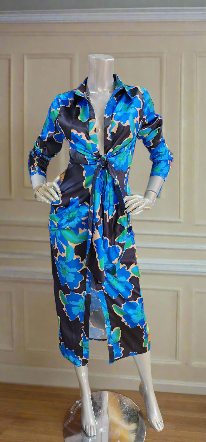 Dress Blue and black dress low v neck with ties