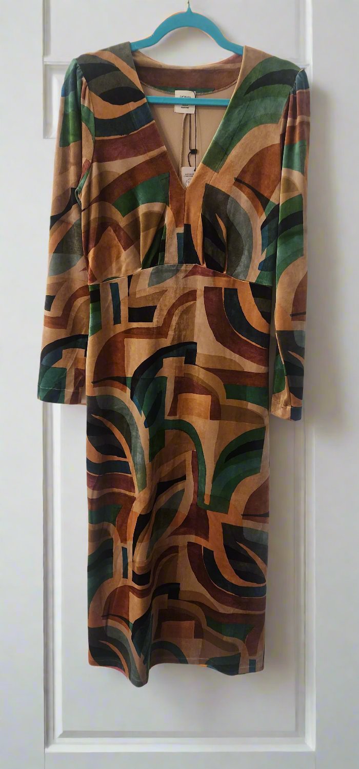 Barcelona Green , orange camel velvet dress