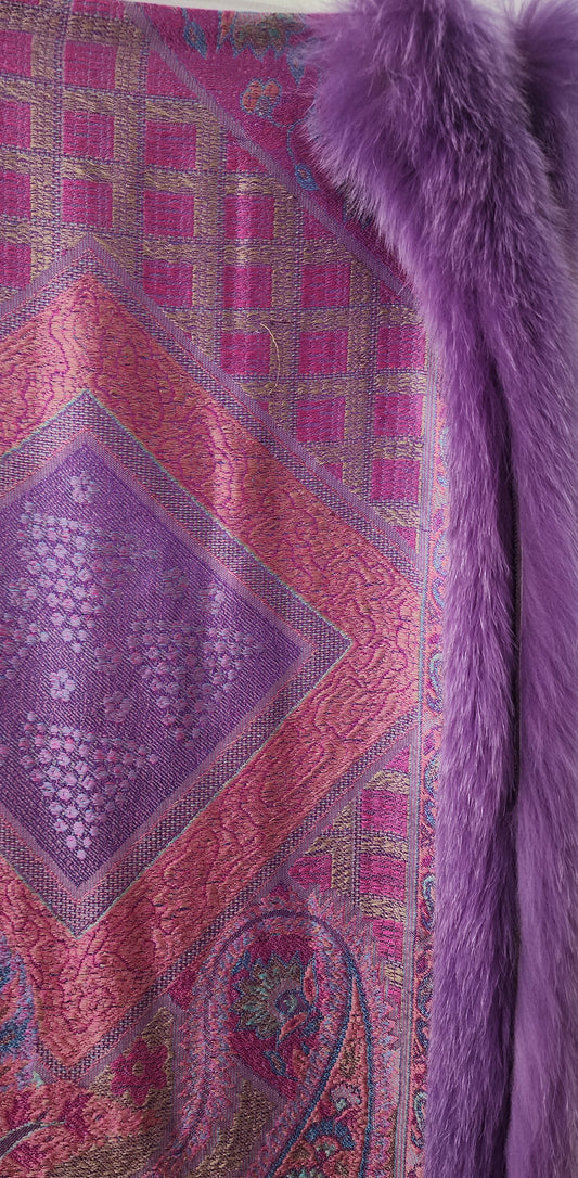 Shawl pink silk with purple fox trim