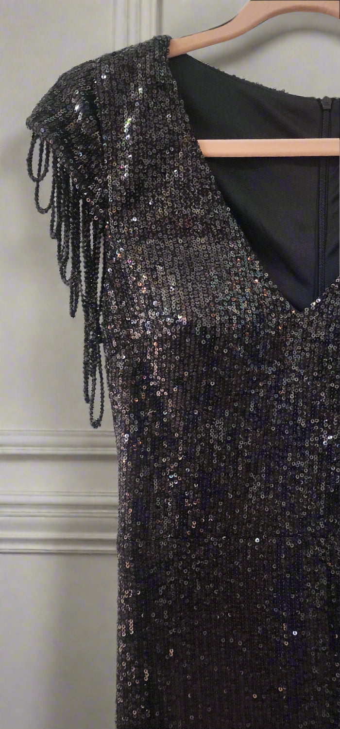 Evening long black sequence with draped fringe