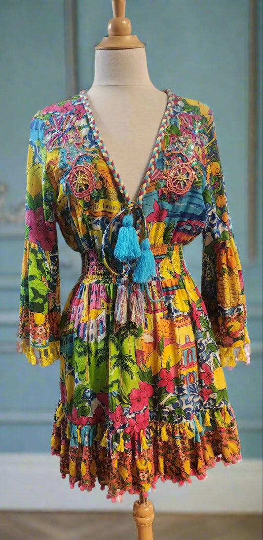 Amalfi Lemon flare dress aqua tassel