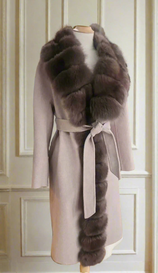 Coat Brown cashmere wool belted trimmed in fox extended tuxedo style