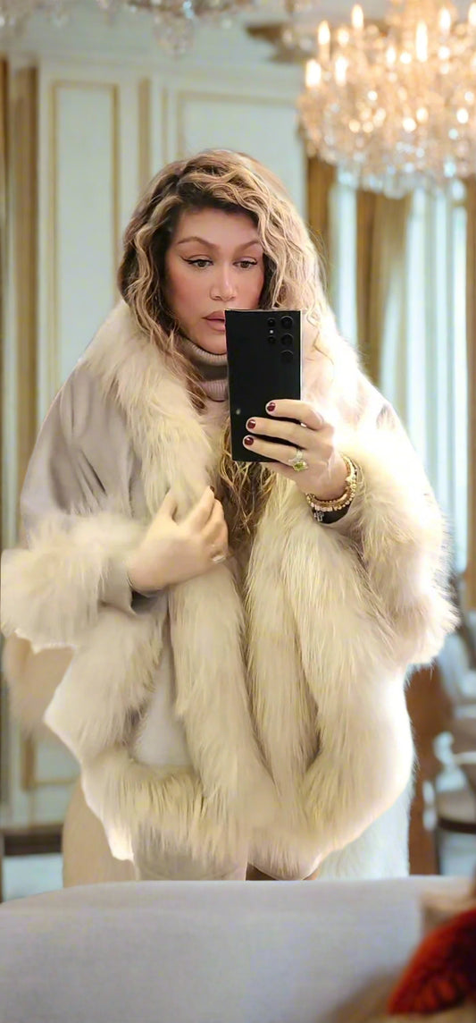 Cape shawl in pearl suri Alpaca fox trim