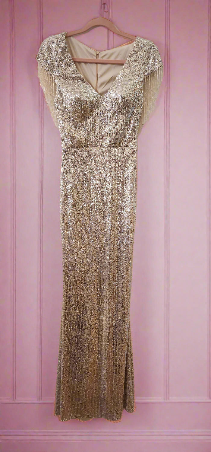 Evening Crystal gown with hanging crystal beading