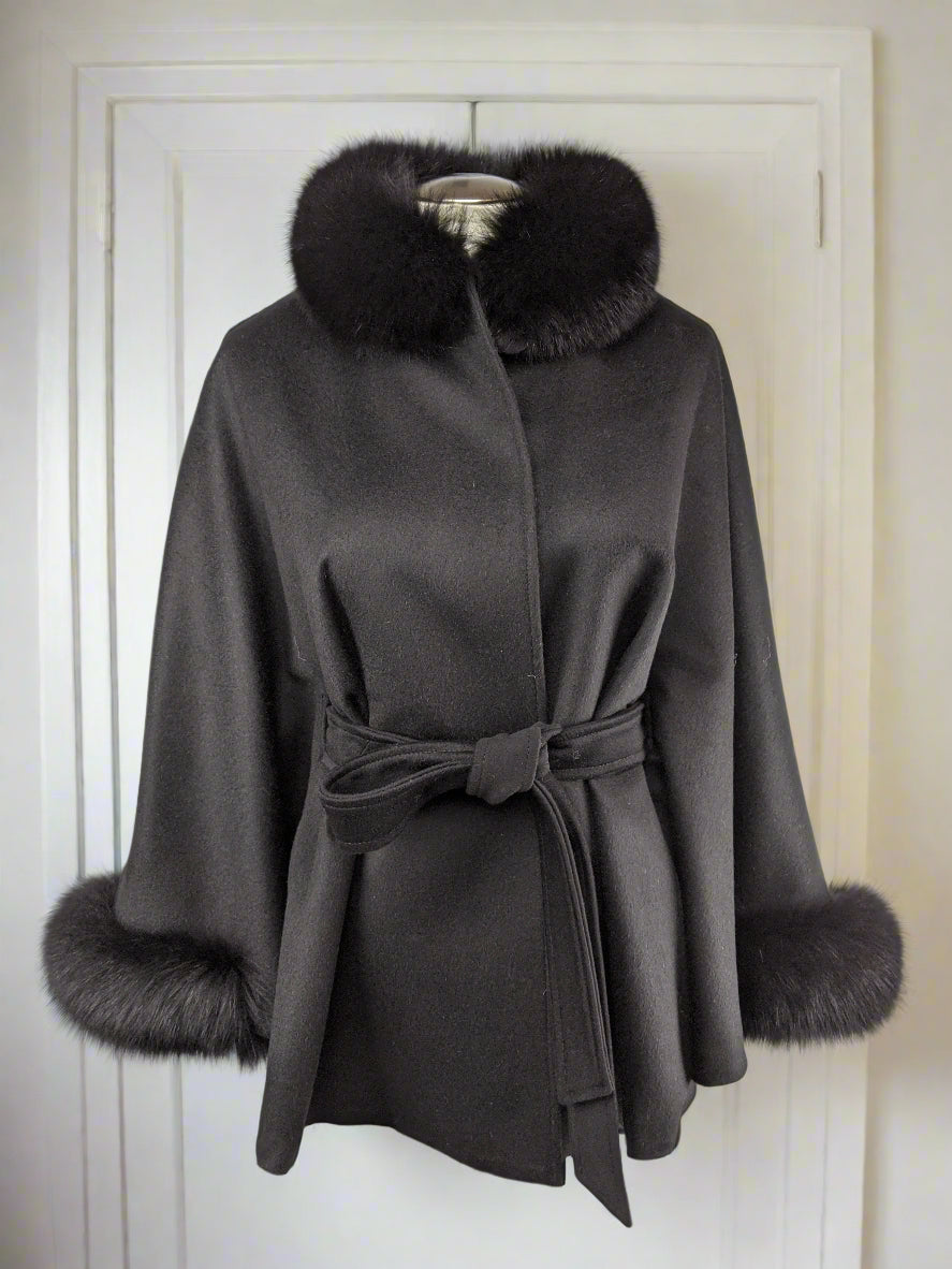 100% Cashmere with Fox belted cape jacket