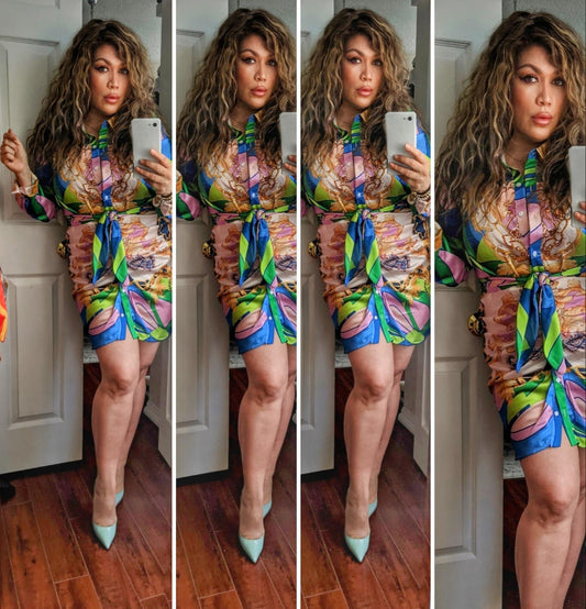 Dress Pink and blue patterned  shirt dress with tie