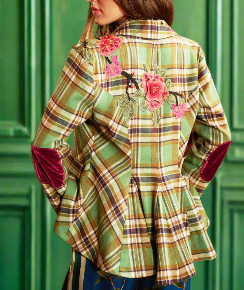 Boho green plaid peplum blazer S25