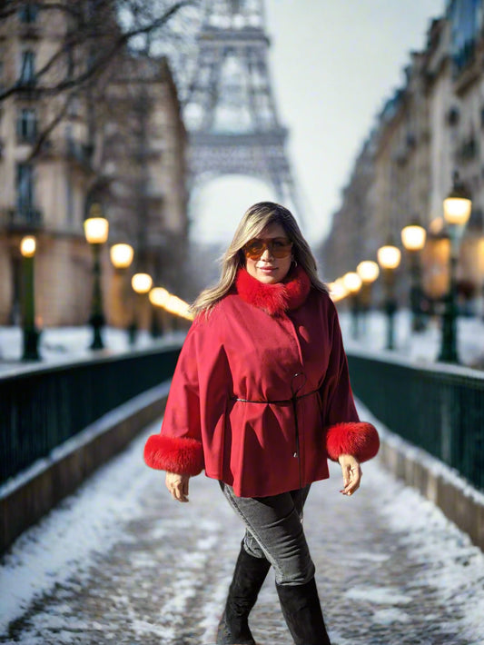 Coat Red Cashmere belted jacket with fox trim