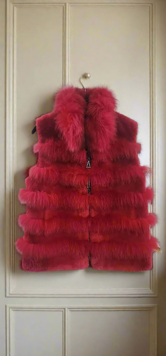Red sheared beaver and fox vest rhinestone zipper