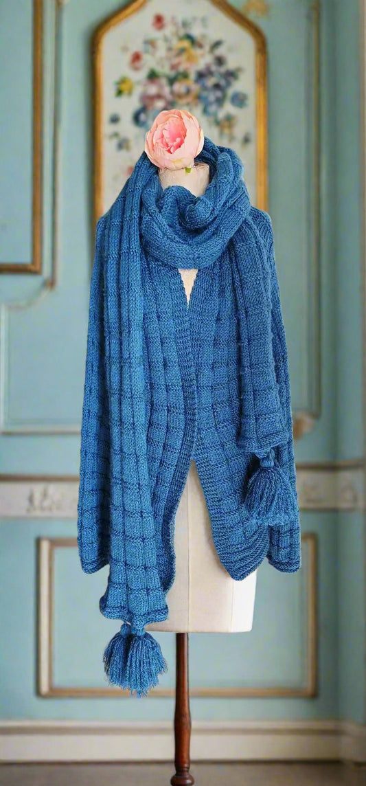 Sweater teal blue with scarf pom pom fringe
