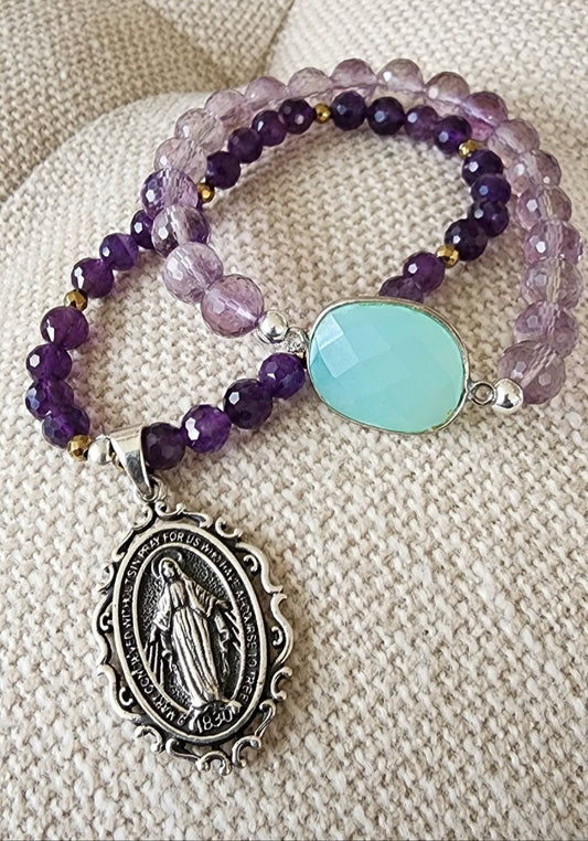 Jewelry Amethyst Crystal and aqua chalcedony stone bracelet
