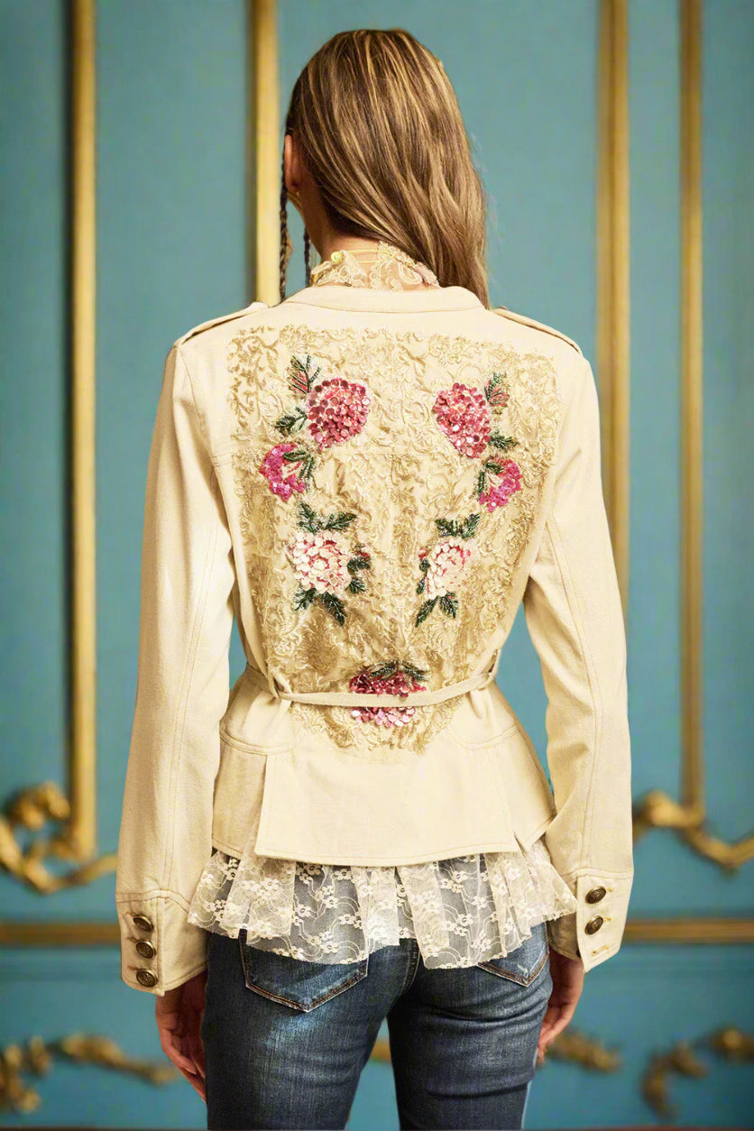 Boho linen beige lace belted jacket S25