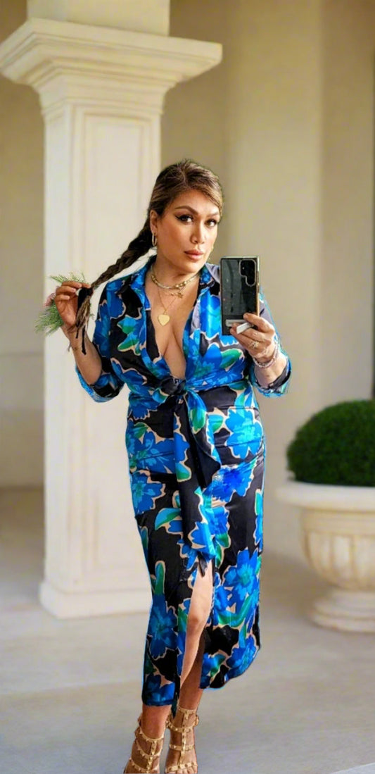 Dress Blue and black dress low v neck with ties