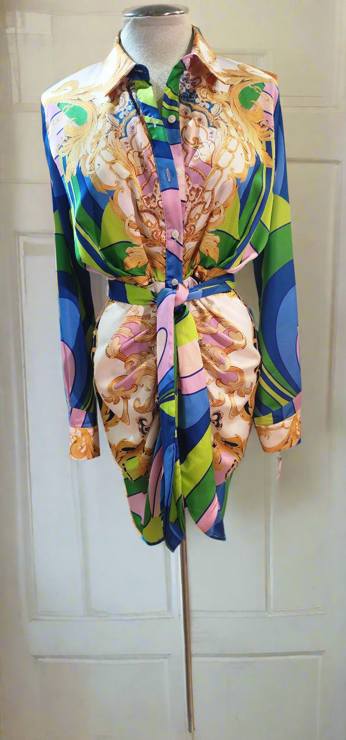 Dress Pink and blue patterned  shirt dress with tie