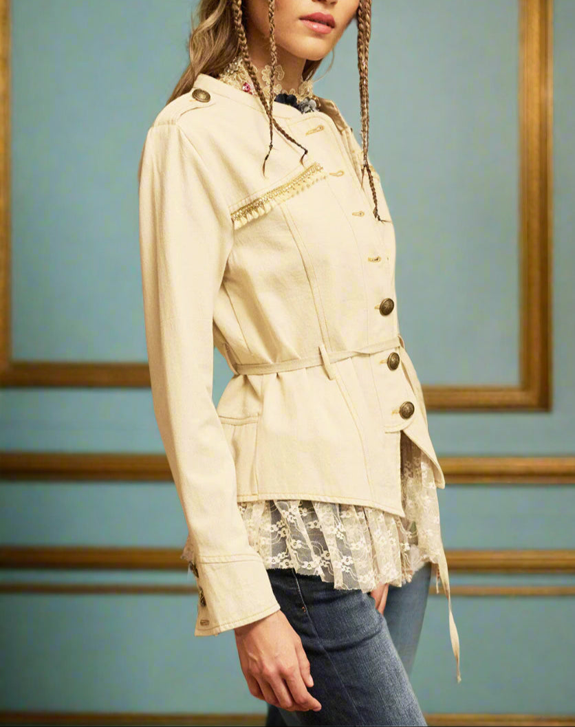 Boho linen beige lace belted jacket S25