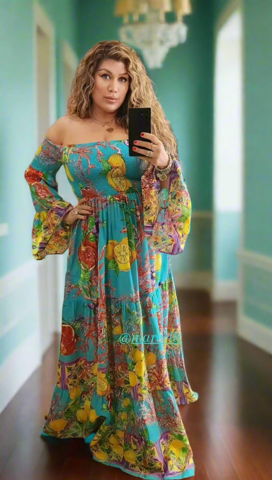 Amalfi Long maxi turquoise with lemons