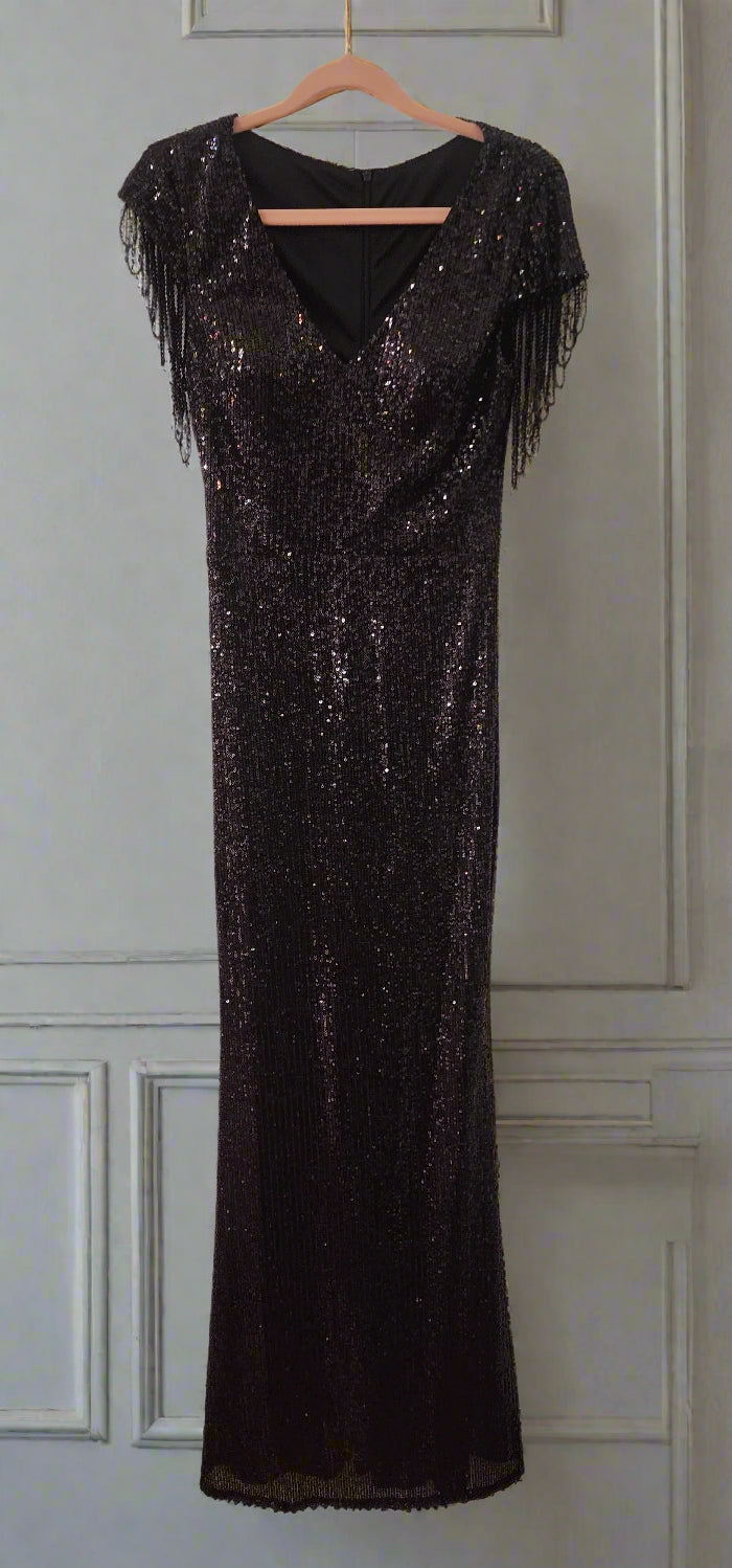 Evening long black sequence with draped fringe