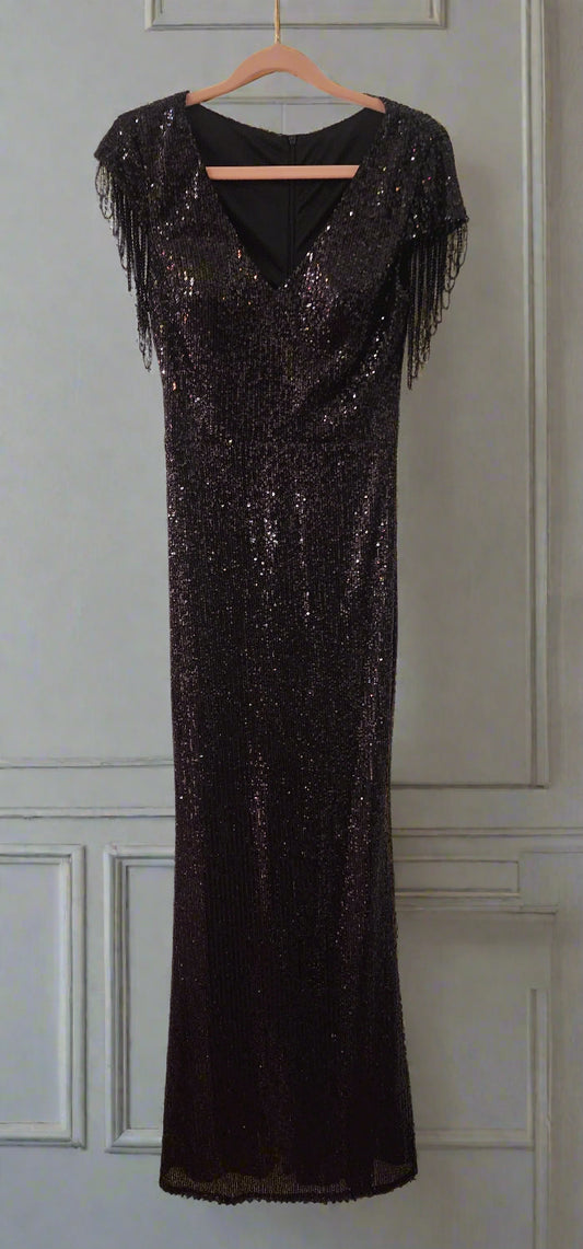 Evening long black sequence with draped fringe
