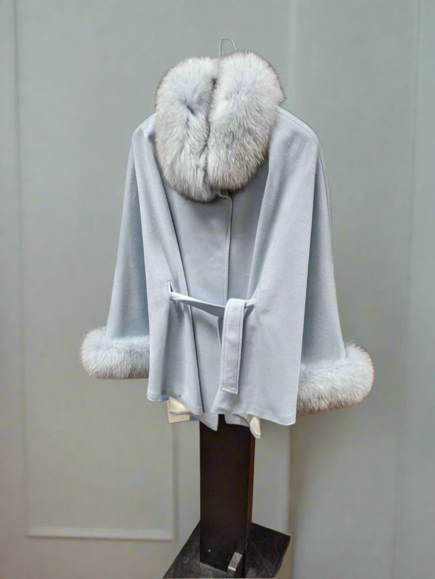 Coat Red Cashmere belted jacket with fox trim