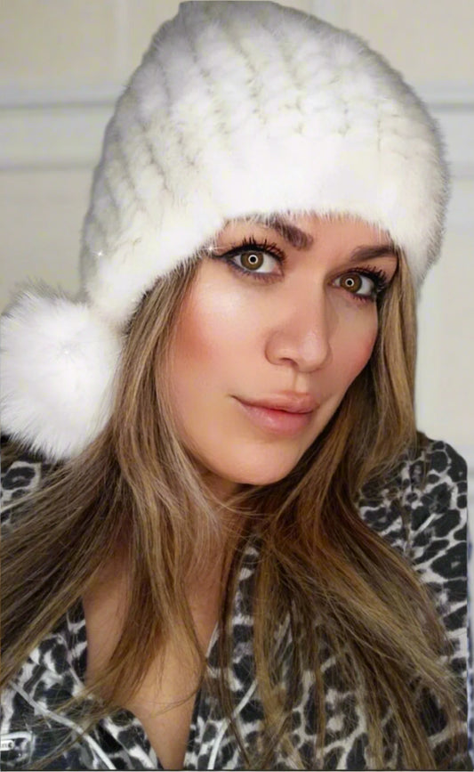 white mink bunny hat with pom pom